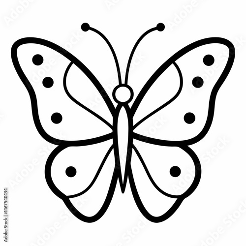 Illustration of a butterfly with bold outlines and circular spots on wings