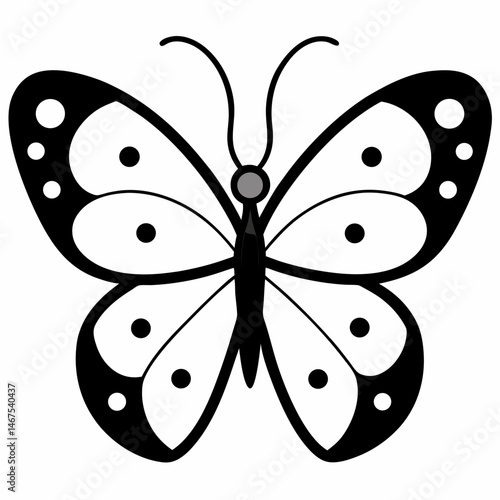 Illustration of a butterfly with black and white wings and circular patterns
