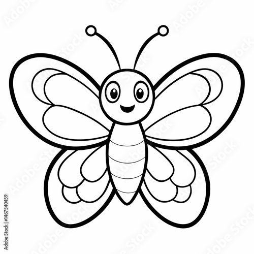 Outlined butterfly with large wings and antennae isolated on white background