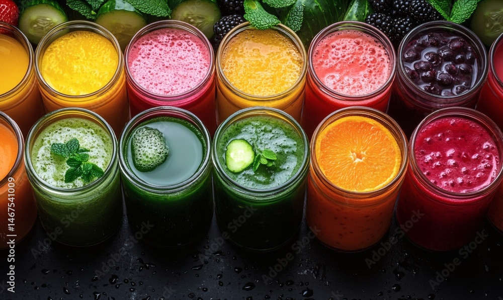 Assorted fresh pressed fruit juices served in transparent plastic bottles arranged in circle pattern on wooden table photographed from above in daylight showcasing natural vitamin rich hydration,