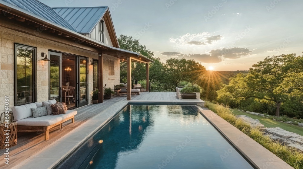 Obraz premium Stunning modern farmhouse with pool and sunset view
