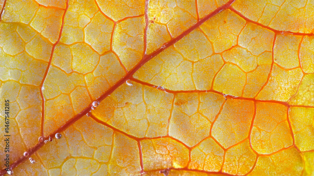 Vivid macro capture of water droplets on autumn leaf texture showcasing nature's elegance