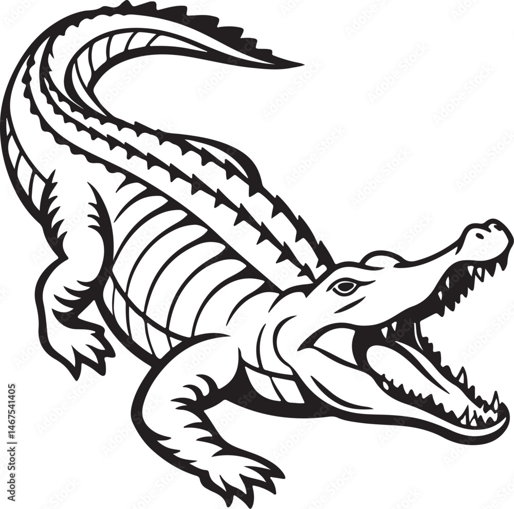 Crocodile silhouette in vector art, perfect for kids' coloring pages, emphasizing fun and creativity in art Crocodile silhouette in vector art, perfect for kids' coloring pages, emphasizing fun and creativity in art