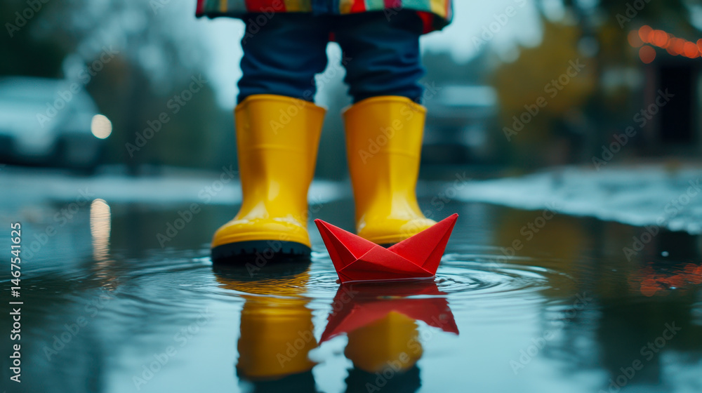 Child wearing bright yellow rain boots crushes a red paper boat in a puddle on a rainy day