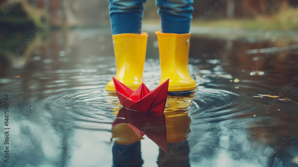 Playful child jumps in puddles with yellow rain boots and red origami boat in dreamy setting