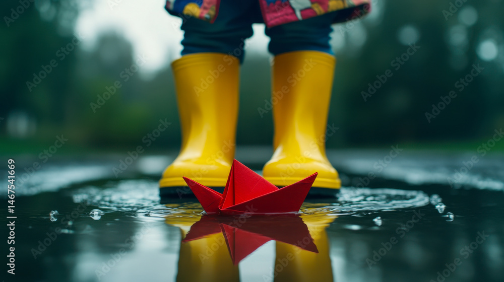 Child in yellow rain boots crushes a red paper boat in a puddle during a rainy day