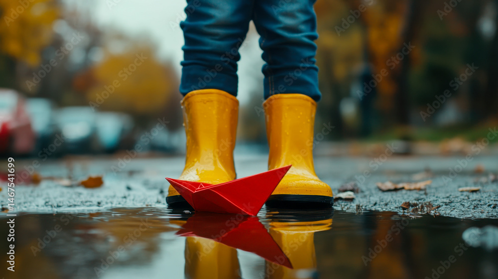 Yellow rain boots crush a red paper boat in puddle during a rainy day