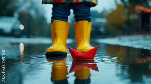 Obraz na płótnie Child wearing bright yellow rain boots crushes a red paper boat in a puddle on a rainy day w salonie