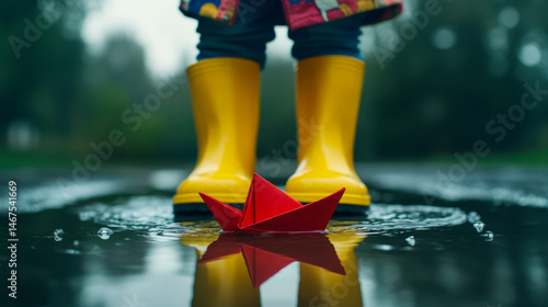 Obraz na płótnie Child in yellow rain boots crushes a red paper boat in a puddle during a rainy day w salonie