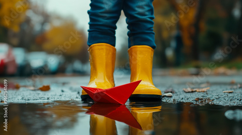 Obraz na płótnie Yellow rain boots crush a red paper boat in puddle during a rainy day w salonie