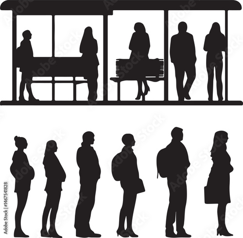 Silhouetted People Waiting at Bus Stop: Vector Illustration of Passengers in Black and White