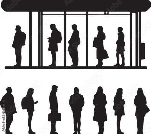 Silhouetted People Waiting at a Bus Stop: Black and White Vector Illustration