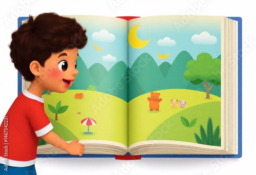 An open book with children's illustrations, bright pictures and characters on the pages create a fairy-tale atmosphere