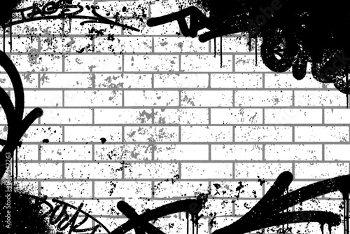 White brick wall background with graffiti ornament motifs, spray paint texture, and paint splatters. Urban street art aesthetic with colorful and bold graffiti elements on a clean brick surface.
