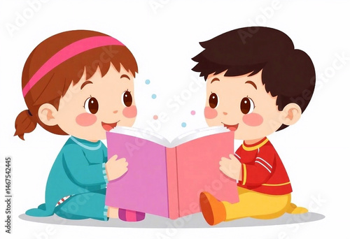 Children's illustration of a boy and a girl studying a book