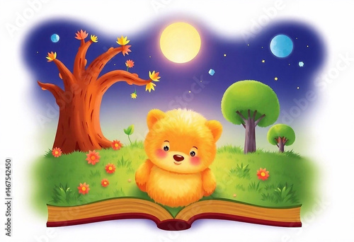 An open book with children's illustrations, bright pictures and characters on the pages create a fairy-tale atmosphere