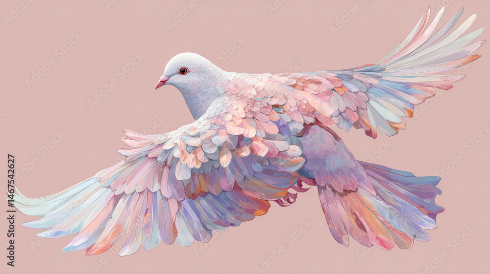 Obraz premium Pastel Dove in Flight: A soft, ethereal illustration of a dove with plumage in delicate pastel shades, creating a serene and dreamlike image.