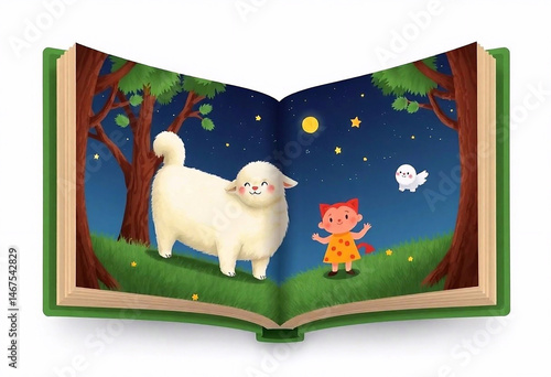 An open book with children's illustrations, bright pictures and characters on the pages create a fairy-tale atmosphere
