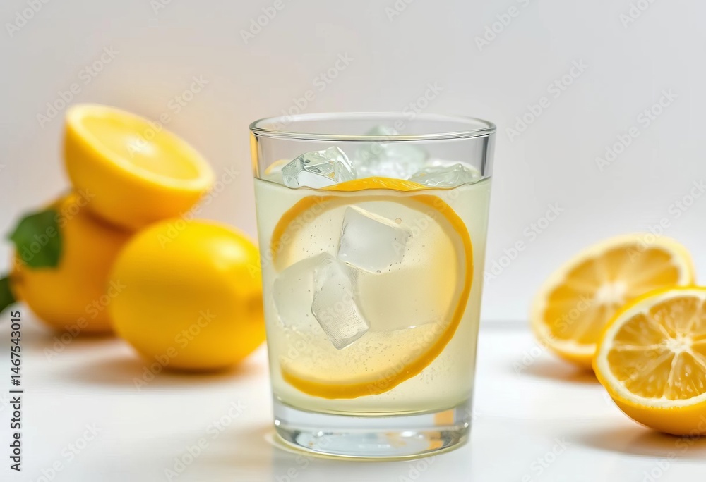 Fototapeta premium Iced lemonade in a glass, condensation, summer refreshment, white background, summertime, thirst quencher