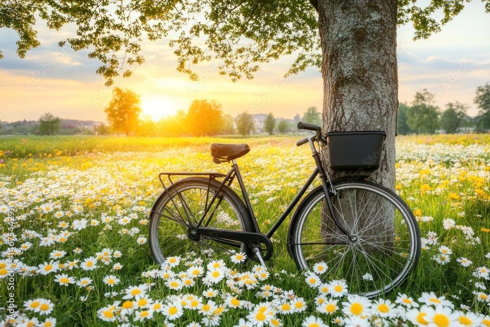 Fototapeta premium Bicycle leaning on tree in daisy field at sunset; idyllic summer scene, perfect for travel brochures