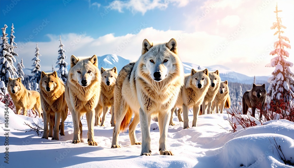 Naklejka premium Arctic wolf wallpaper, snowy landscape, daylight