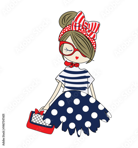 fashionable cartoon girl in polka dot skirt and striped top illustration