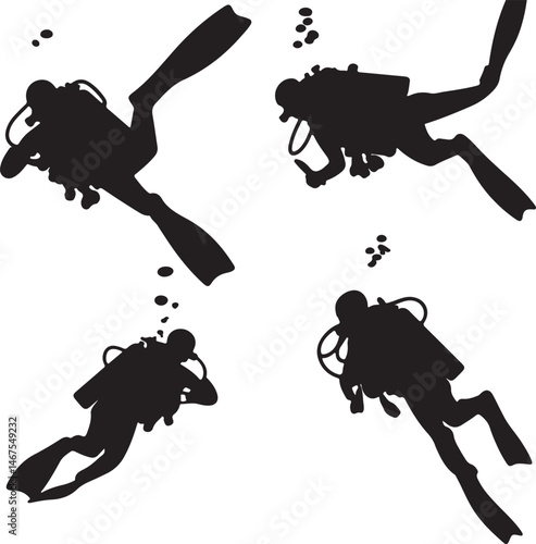 Silhouette Divers: Black and White Underwater Exploration, Scuba Diving, Bubbles