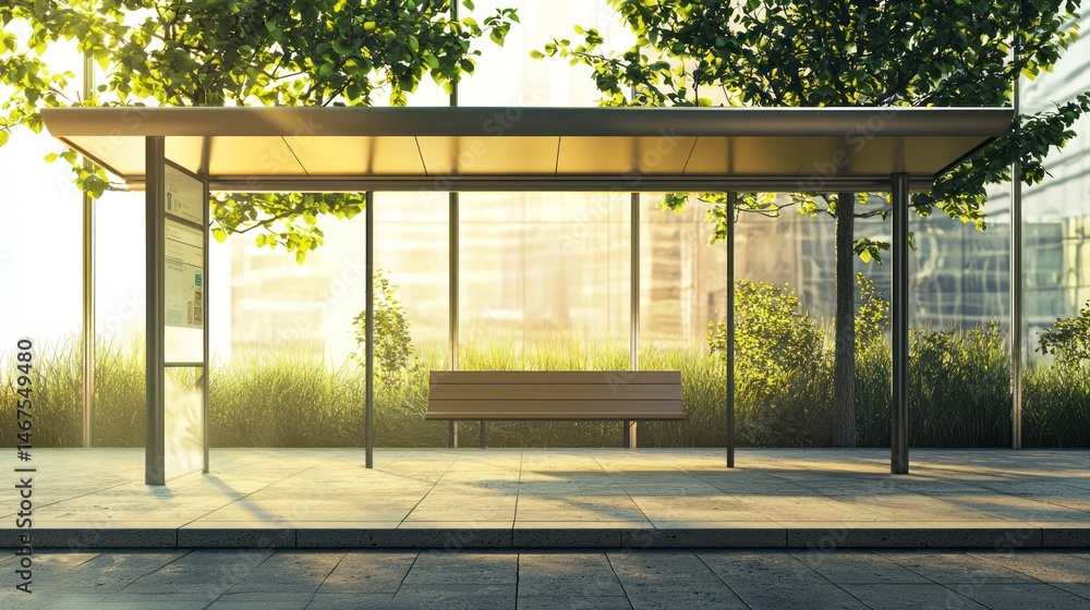 Fototapeta premium A modern bus stop with a glass canopy and wooden bench, surrounded by greenery and a cityscape in the background.