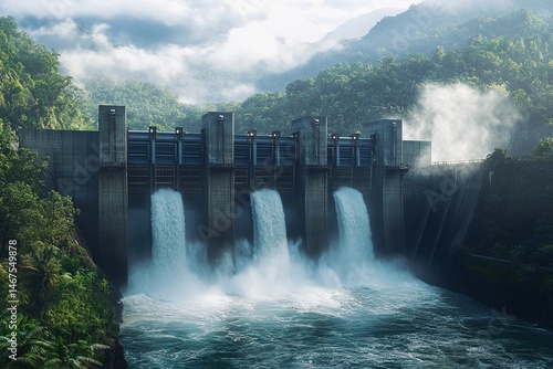 Modern hydroelectric dam with water rushing through turbines