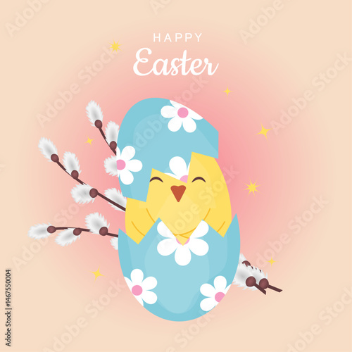 Happy Easter greeting card. Vector illustration. Yellow chick with a bouquet of willow branches sitting in an eggshell on a pink background. Square festive background. Banner with text.