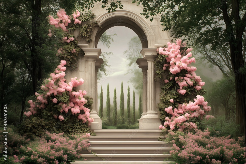 Garden archway backdrop adorned with climbing pink roses leading to misty cypress grove through classical stone columns in dreamlike romantic landscape Garden archway backdrop adorned with climbing pink roses leading to misty cypress grove through classical stone columns in dreamlike romantic landscape