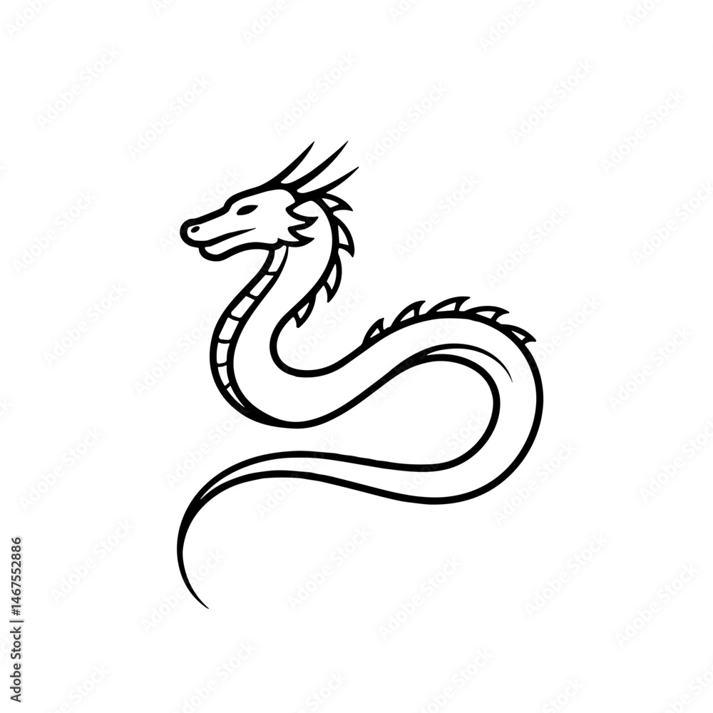 Stylized black outline of a dragon, mythical creature representation Stylized black outline of a dragon, mythical creature representation