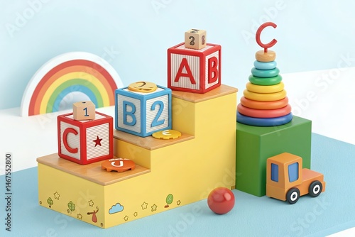 Colorful 3D Wooden Blocks and Toys on Podium - Early Childhood Education