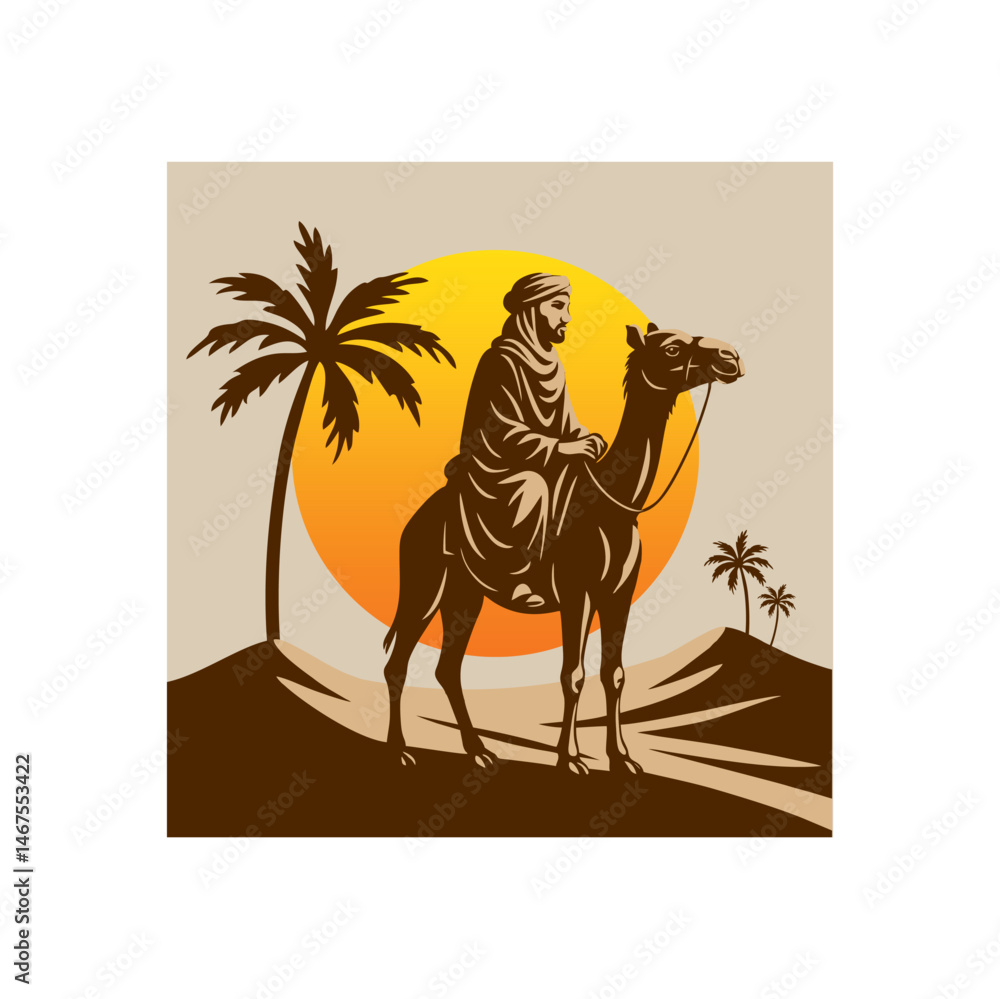 Fototapeta premium Illustration of a Bedouin Riding a Camel in the Desert at Sunset