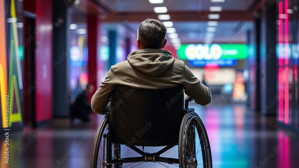 Obraz premium A man in a wheelchair sits in a modern building hallway looking towards a bright storefront.