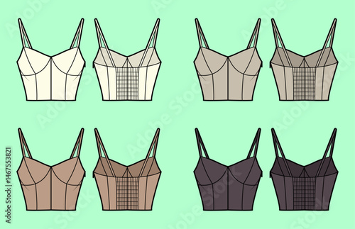 Women sports camisole blouse tops bundle colour set technical drawing fashion flat sketch vector illustration
