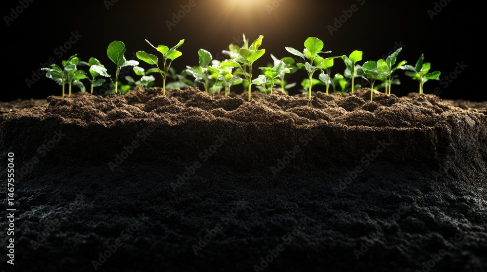 Naklejka premium Young green sprouting plants growing in soil under sunlight with fresh growth and vibrant greenery in an agricultural or gardening environment