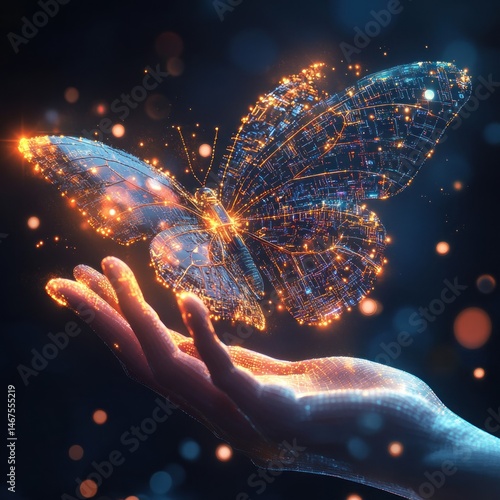 A digital butterfly, glowing and delicate, rests gently on a hand.  A representation of freedom, connection, and transformation