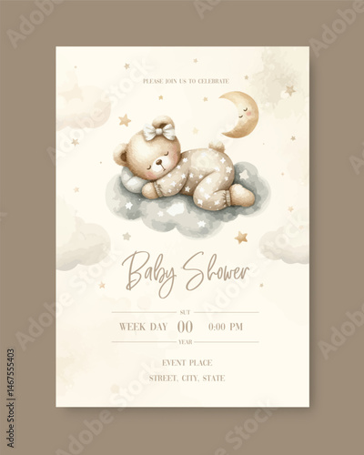 Watercolor New born baby shower invitation. Greeting card with sleeping teddy bear on cloud around the stars in beige pajamas.