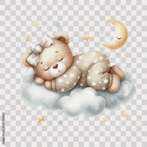 Watercolor sleeping teddy bear on cloud around the stars in beige pajamas on transparent background.