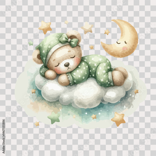 Watercolor sleeping teddy bear on cloud around the stars in green pajamas on transparent background.