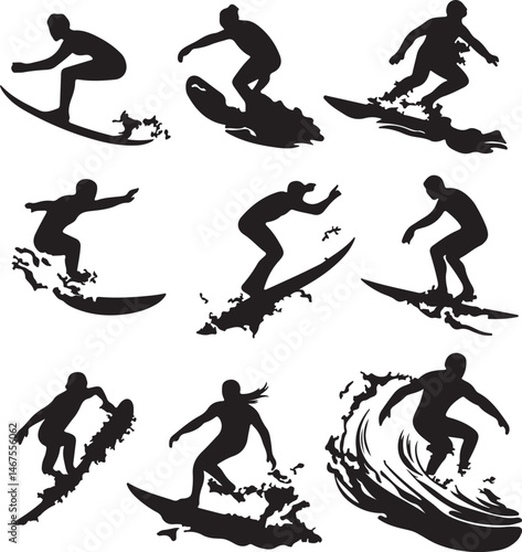 Black Silhouette Surfing Illustrations Set: Surfers Riding Waves, Vector Art, Sport Design
