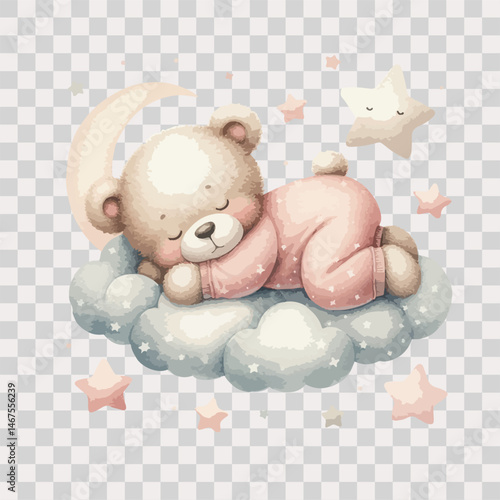 Watercolor sleeping teddy bear on cloud around the stars in pink pajamas on transparent background.