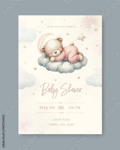 Watercolor New born baby shower invitation. Greeting card with sleeping teddy bear on cloud around the stars in pink pajamas.