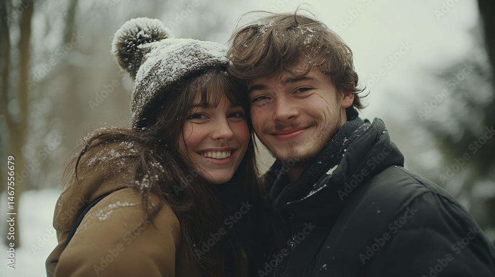 Young couple smiling in snowy forest, capturing joyful moment Young couple smiling in snowy forest, capturing joyful moment