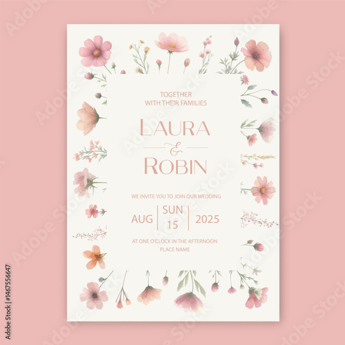 Garden Flowers Wedding Invitation Card Design, Wildflower Wedding Invite, Colorful Spring Floral Invitation Card in pink colors.