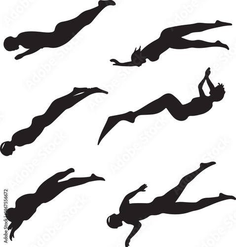 Silhouettes of Divers in Action: Graceful Underwater Poses, Black and White Art, Swimming