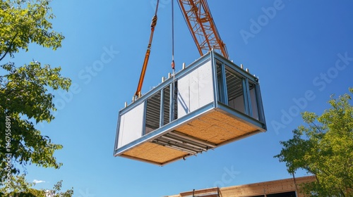 Pre-fabricated house being lifted by crane