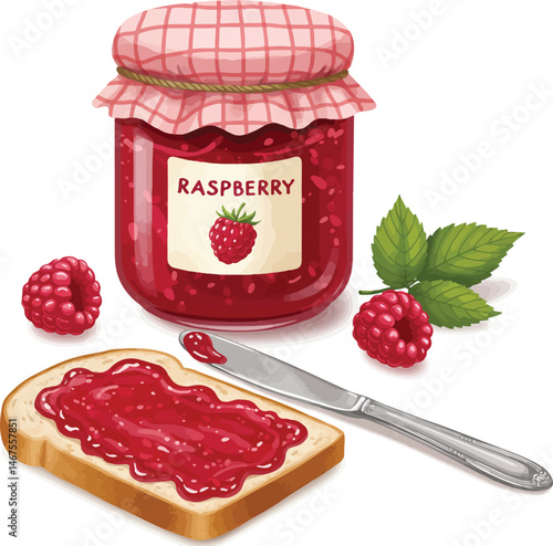A vector illustration features a jar of raspberry jam with a checkered lid, alongside a raspberry-covered toast slice and a knife.