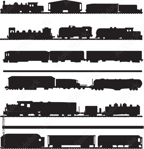 Silhouette Train Carriages: Black and White Railroad Cars on Tracks Illustration